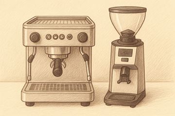 Vis detaljer for Espresso maskine & kaffe mølle. Billede af Espresso maskine & kaffe mølle.